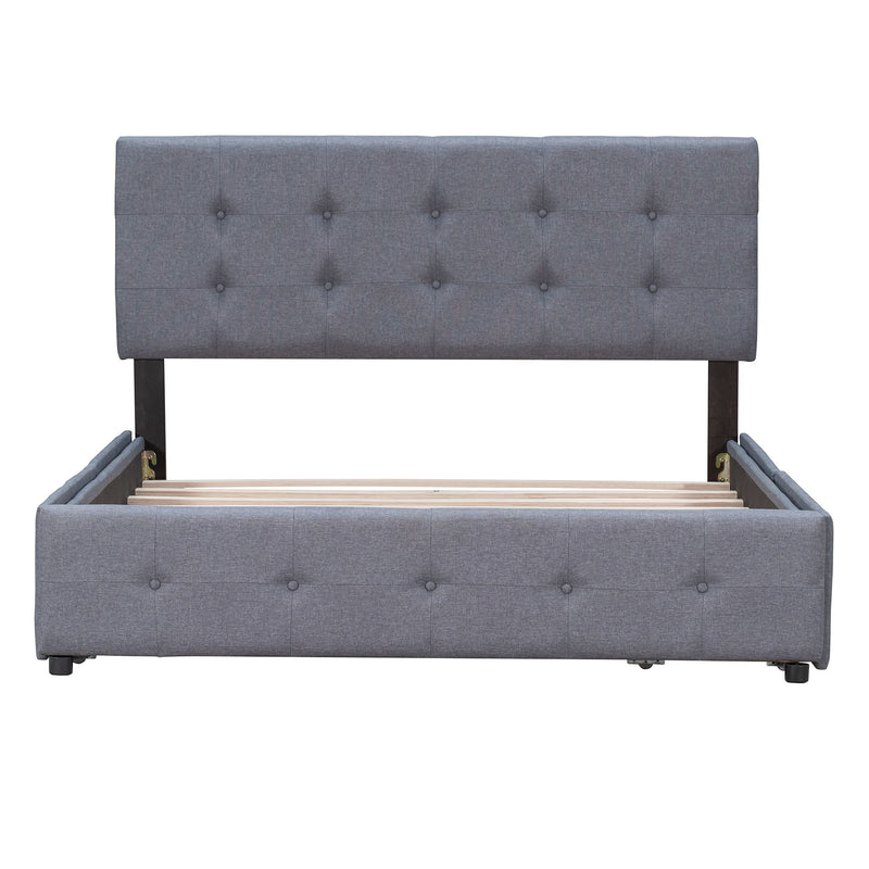 DreamHaus upholstered storage platform bed with classic headboard and built-in drawers, no box spring needed in a modern bedroom setting.