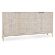 White Mira 4-door sideboard by Classic Home with sleek design and spacious storage, shown in a modern living room setting.