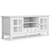 Simpli-Home Acadian TV media stand with open shelves and storage compartments in a modern design.