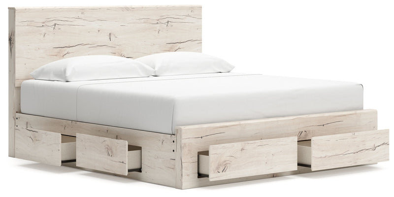 Signature Design by Ashley Lawroy panel bed with built-in storage drawers and sleek wood finish in a modern bedroom setting.