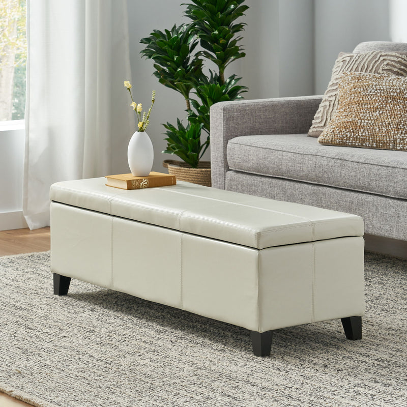 Noble House Glouster contemporary storage ottoman with plush upholstered top and hidden storage compartment.