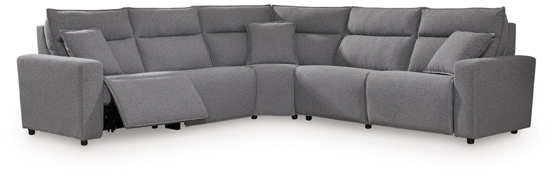 Signature Design by Ashley Modmax II reclining sectional in salt and pepper fabric, showing plush cushions and reclining seats.