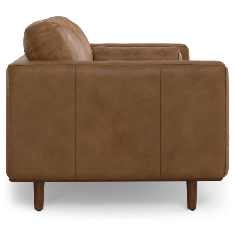 Simpli-Home Morrison upholstered stationary sofa with plush fabric and cushioned armrests in a modern living room setting