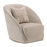 Michael Amini La Rachelle swivel chair with plush fabric upholstery and a modern design, shown in a stylish living room setting.