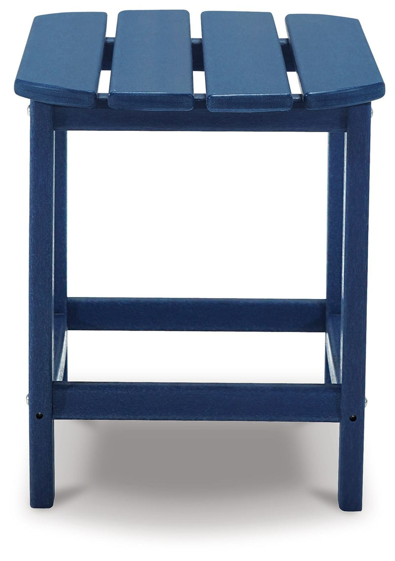 Signature Design by Ashley Sundown Treasure outdoor end table with a wooden top and metal frame, suitable for patio or garden use.