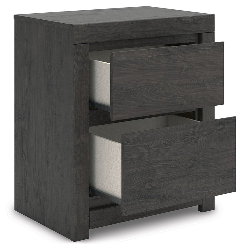 Fraluna - Two Drawer Night Stand - Charcoal - R&R Furniture Gallery (Fountain Valley, CA)