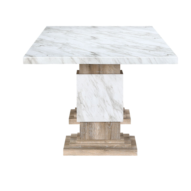 Global Furniture USA Stacey beige dining table with pedestal base, showcasing a sleek, modern design perfect for contemporary dining spaces.