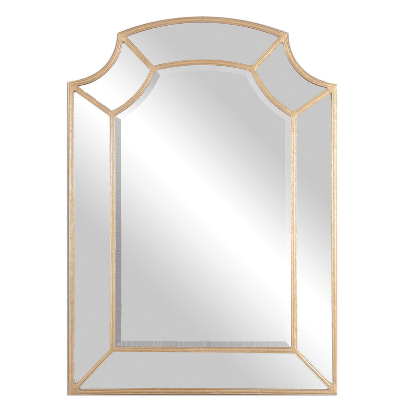 Golden Francoli Arch Mirror by Uttermost, wall mirror with a sleek, curved design and a gold finish, hanging on a neutral wall.