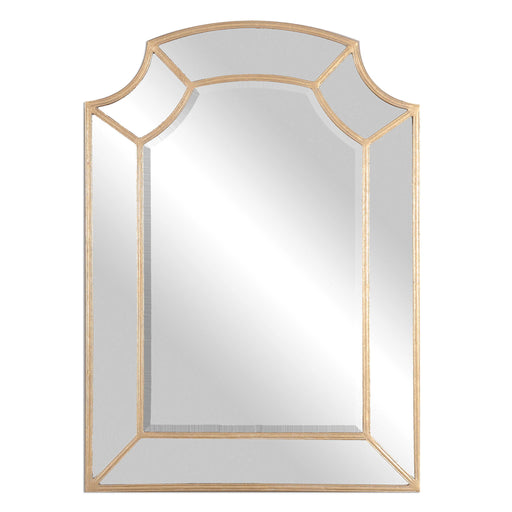 Golden Francoli Arch Mirror by Uttermost, wall mirror with a sleek, curved design and a gold finish, hanging on a neutral wall.