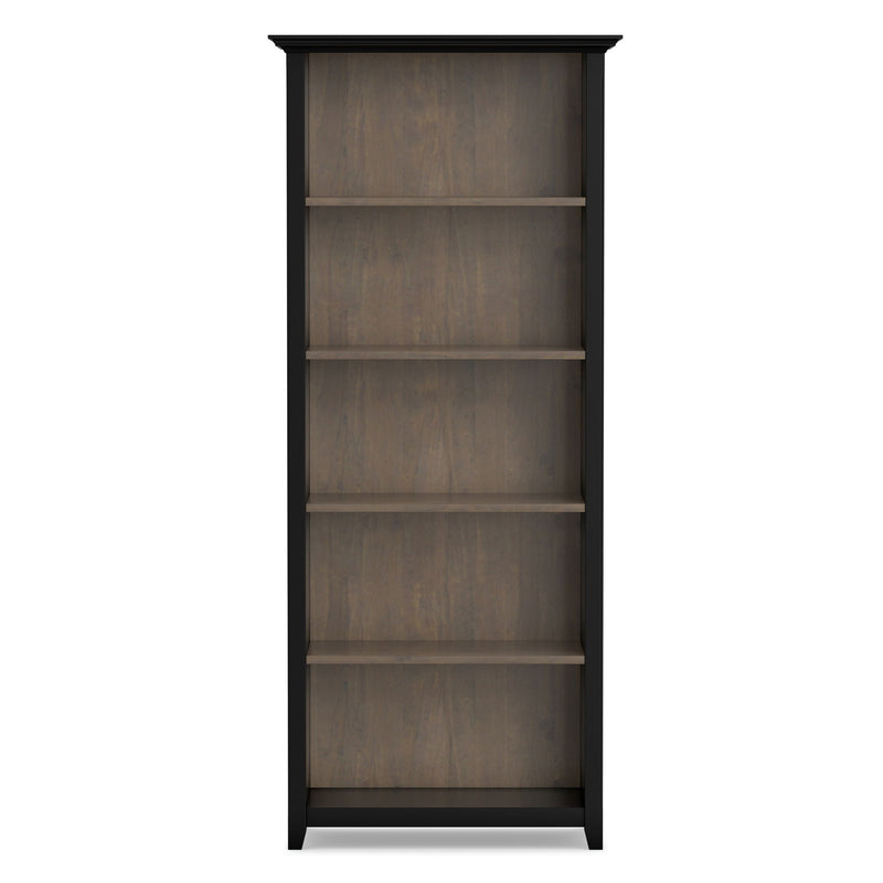 Simpli-Home Amherst bookcase with adjustable shelves, sturdy wood design, ideal for organizing books and decor in living spaces.
