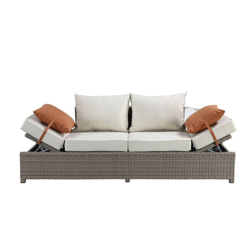 Salena - Patio Sofa With 2 Pillows & Ottoman - Beige Fabric & Gray Wicker - R&R Furniture Gallery (Fountain Valley, CA)