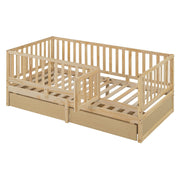 DreamHaus storage daybed with fence guardrails, two drawers, split into floor bed and daybed for versatile bedroom use.