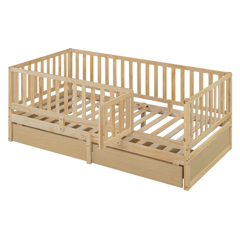 DreamHaus storage daybed with fence guardrails, two drawers, split into floor bed and daybed for versatile bedroom use.