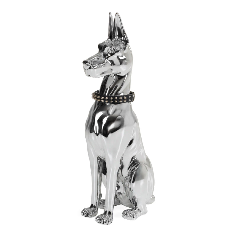 Doberman Dog - Silver Fiberglass Sculpture — view 3