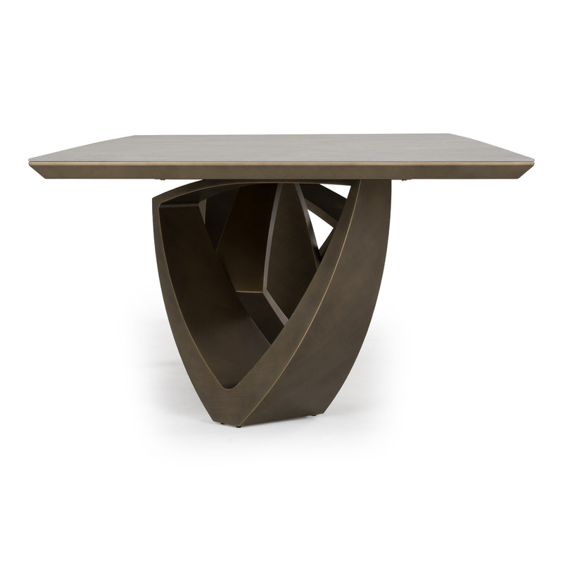 Dollemore - Modern Faux Travertine Ceramic + Antique Brass Dining Table — view 2