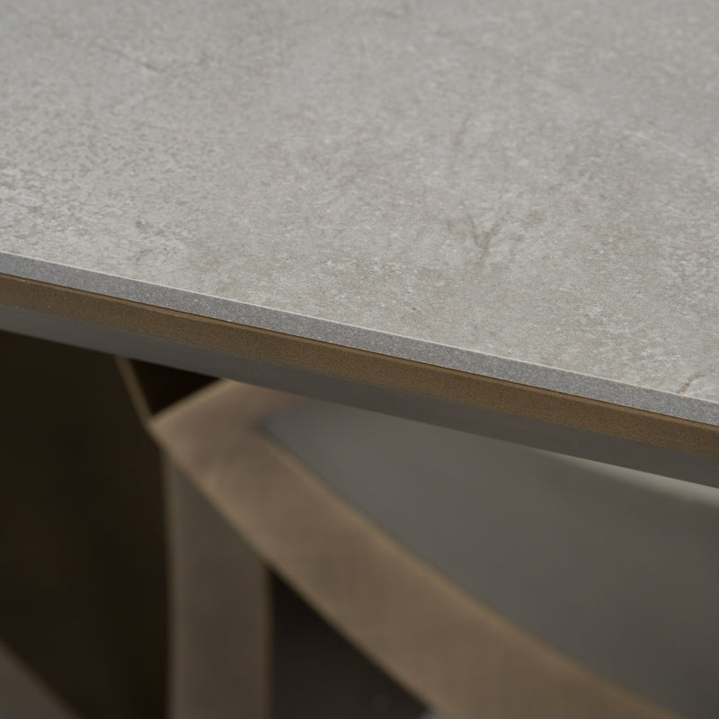 Dollemore - Modern Faux Travertine Ceramic + Antique Brass Dining Table — view 4