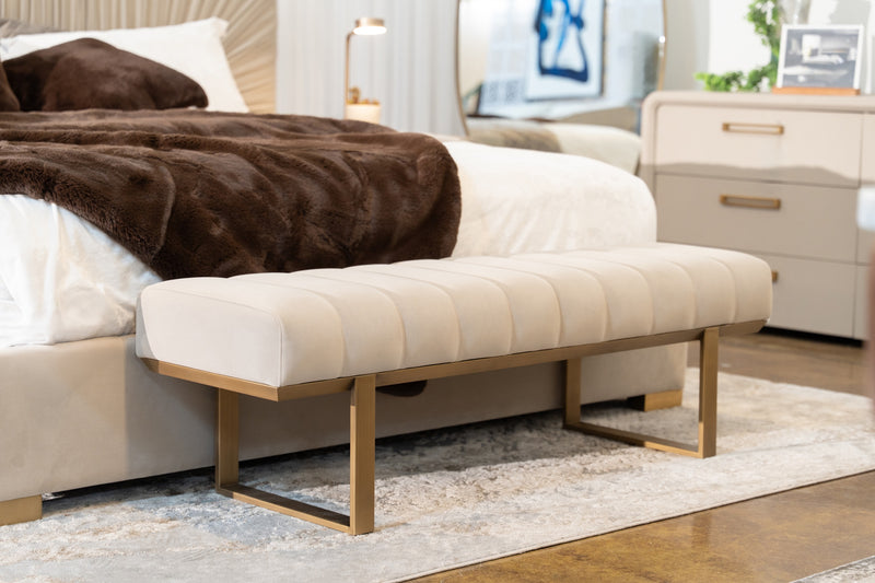 Robles - Modern Beige Fabric + Antique Brass Dining Bench — view 4