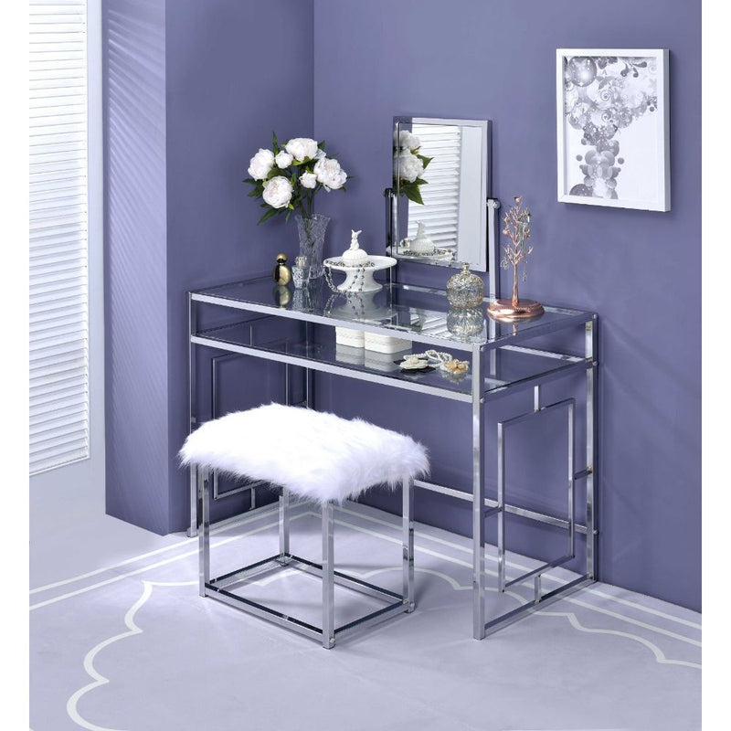Carenze II - Vanity Set - White Faux Fur & Chrome - R&R Furniture Gallery (Fountain Valley, CA)