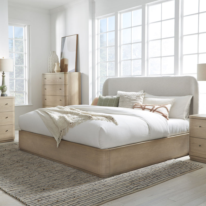 Penny Full-size Linen Upholstered Platform Bed in Buff Cream Oak