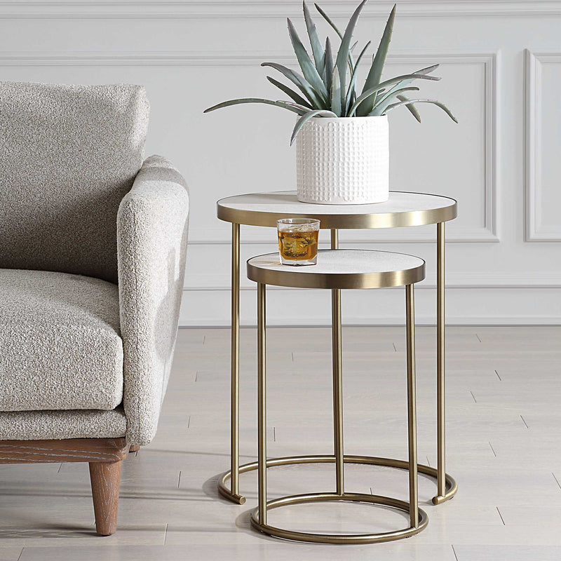 Uttermost Aragon nesting accent tables set of 2 with sleek wooden tops and metal legs, ideal for modern living spaces.