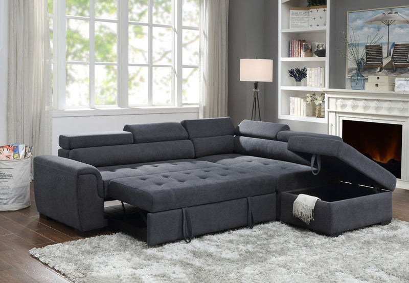 Haris - Sleeper Sofa Sectional With Adjustable Headrest And Storage Ottoman - Dark Gray - R&R Furniture Gallery (Fountain Valley, CA)
