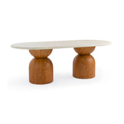 Brown Cynthia outdoor dining table by TOV Furniture with an 87-inch long design and travertine tabletop, suitable for indoor and outdoor use.