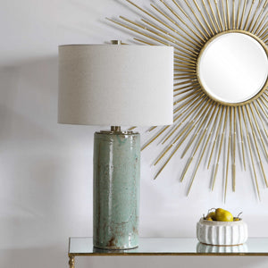 Uttermost Callais crackled aqua table lamp with a textured ceramic base and fabric shade, ideal for accent lighting.