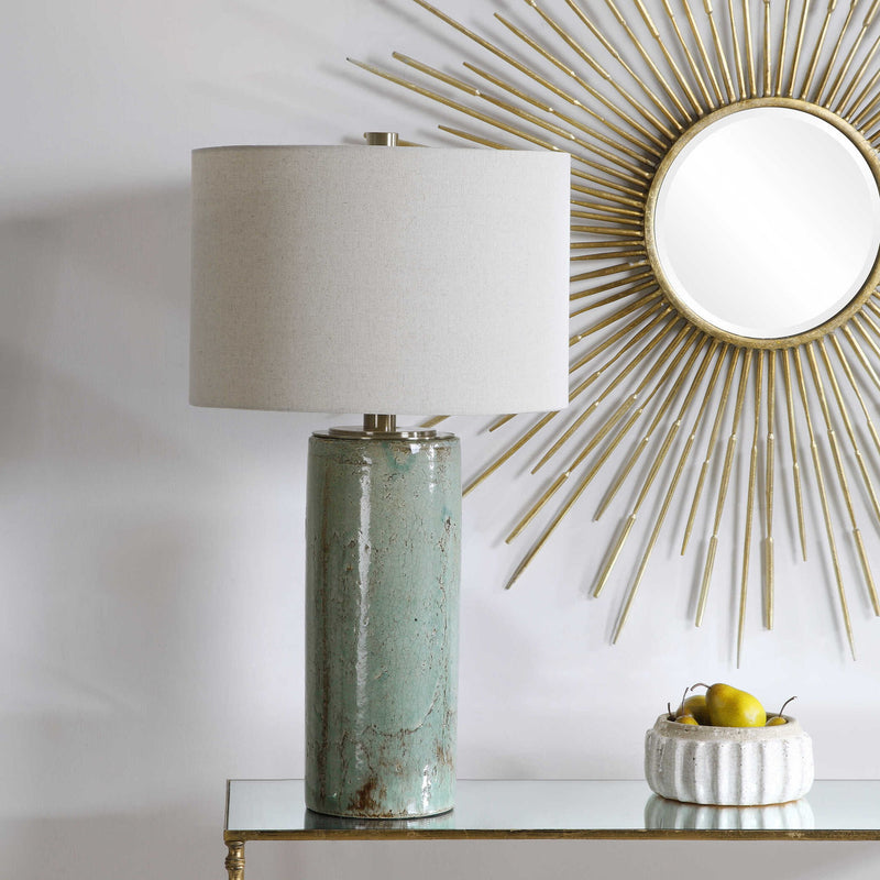 Uttermost Callais crackled aqua table lamp with a textured ceramic base and fabric shade, ideal for accent lighting.