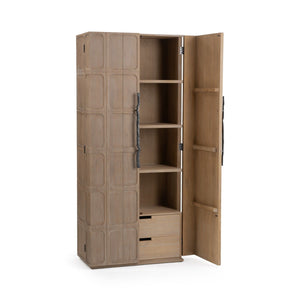 Classic Home Corin tall accent cabinet with wood finish, featuring multiple storage doors and a sleek, modern design.