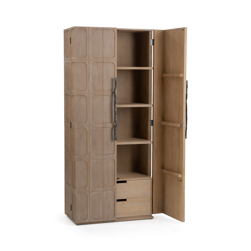 Classic Home Corin tall accent cabinet with wood finish, featuring multiple storage doors and a sleek, modern design.