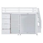 DreamHaus loft bed with built-in wardrobes, cabinets, and drawers, featuring a modern design and ample storage space.