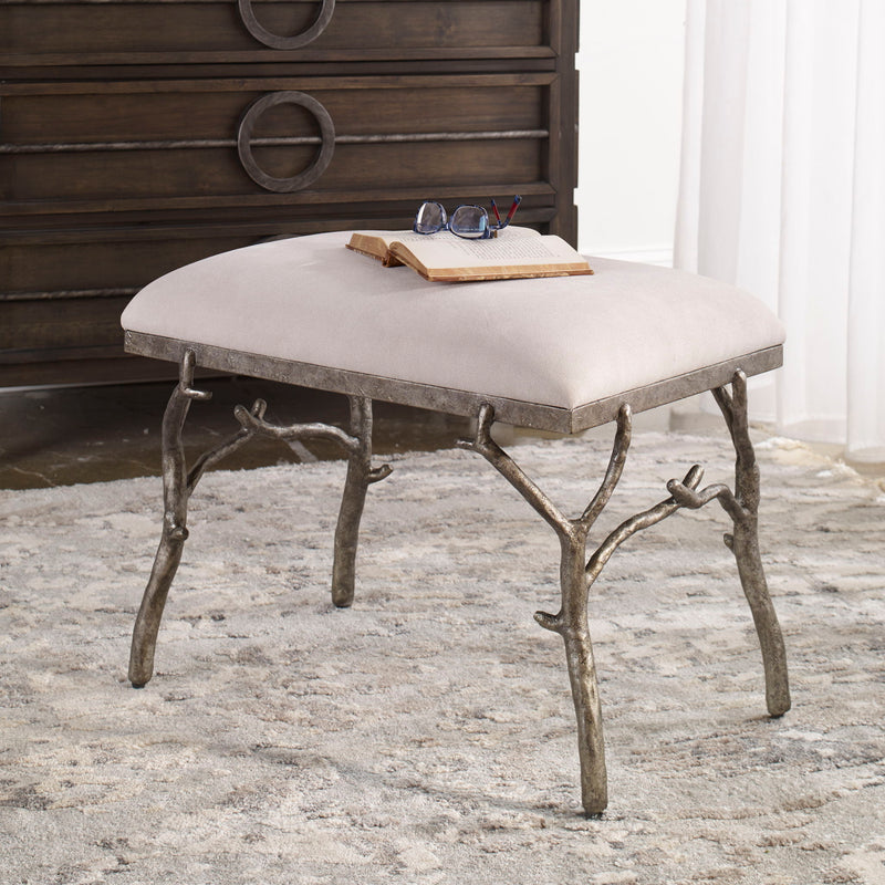 Uttermost Lismore Small Fabric Bench in beige, accent furniture with cushioned seat and wooden legs for living room decor.