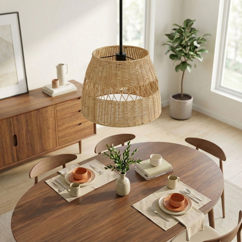Essence - Single Lights Pendant With Shade - Black / Rattan - R&R Furniture Gallery (Fountain Valley, CA)