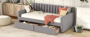 DreamHaus upholstered storage daybed with slat support, showcasing a cozy fabric-covered bed with built-in storage drawers.