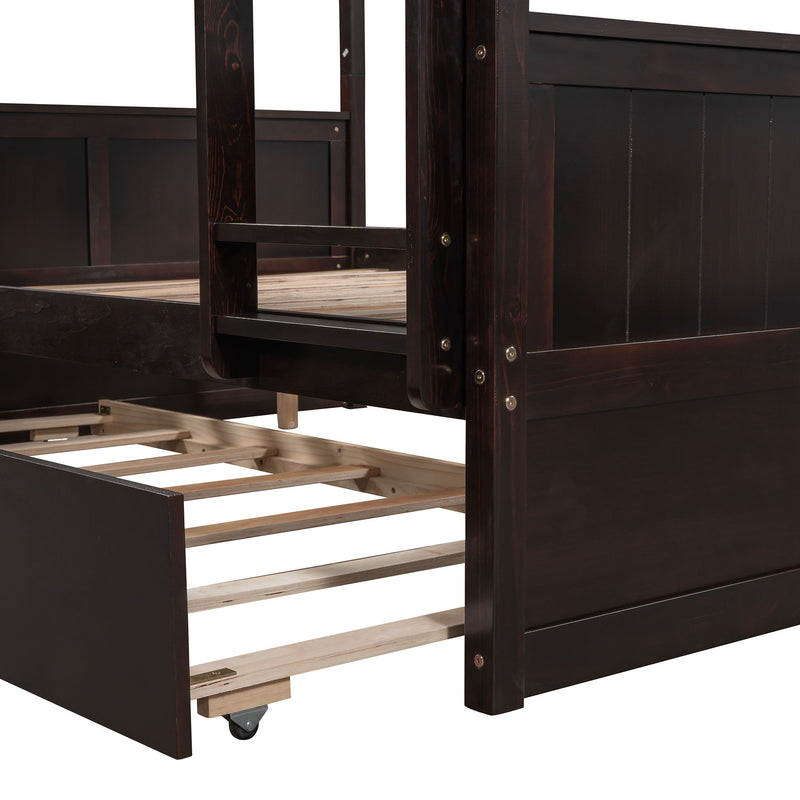 DreamHaus bunk bed with twin-size trundle, featuring sturdy frame, ladder, and safety rails in a modern bedroom setting.