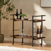 Modern industrial bar cart with shelving and casters by Noble House, featuring a sleek metal frame and multiple storage levels.