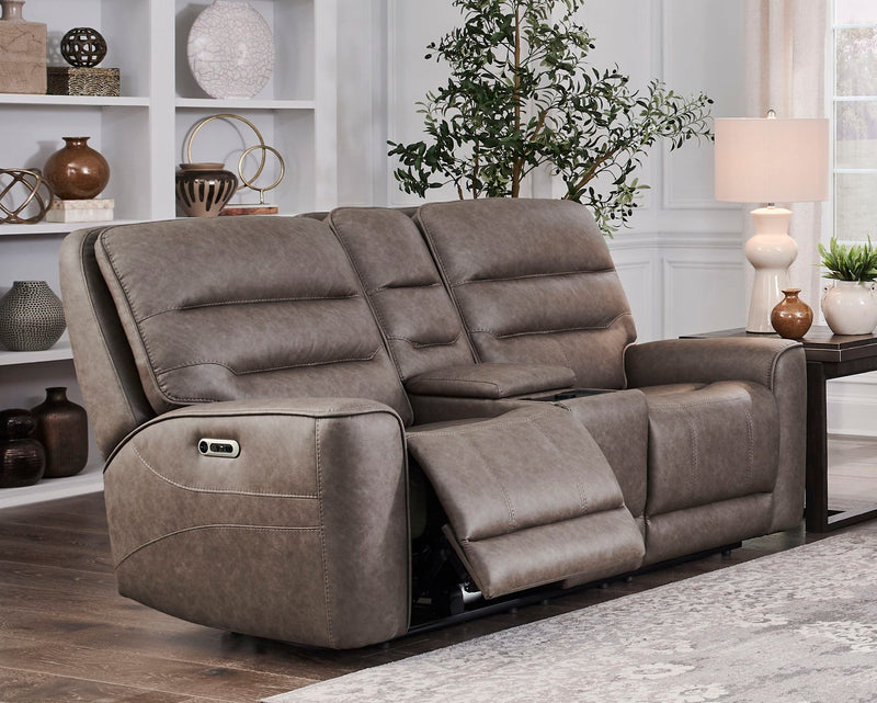 Parker Living Lawson power reclining 3-piece sofa set with plush cushions and dark leather upholstery in a modern living room setting.