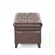 Juliana storage ottoman by Noble House with birch wood legs, upholstered in soft fabric, showing its cushioned top and stylish design.