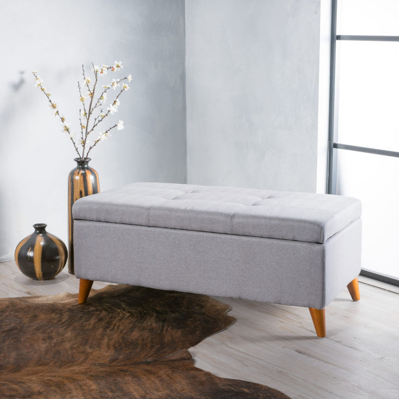 Light gray upholstered storage ottoman with lift-top, button tufted seat by Noble House, featuring a spacious interior for storage.