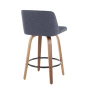 Set of two Lumi Source Toriano mid-century modern counter stools with wooden legs and upholstered seats.