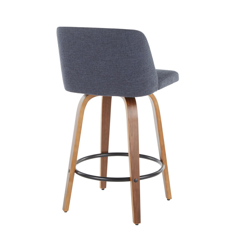 Set of two Lumi Source Toriano mid-century modern counter stools with wooden legs and upholstered seats.