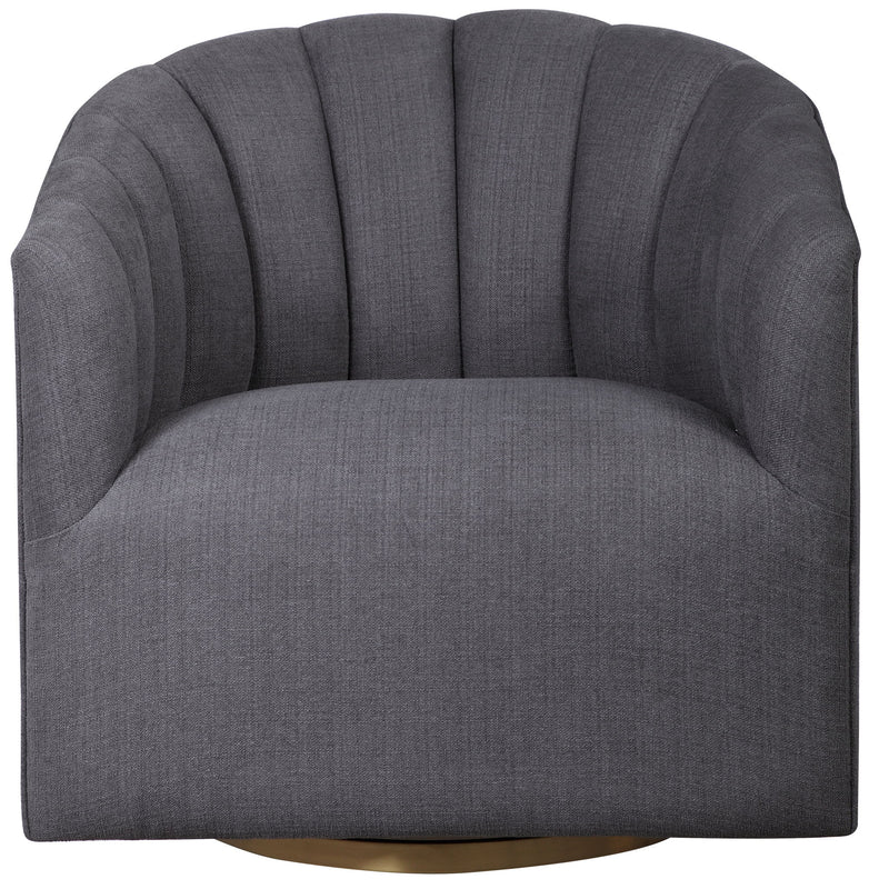 Dark gray Uttermost Cuthbert modern swivel chair with a sleek, contemporary design and cushioned seat in a stylish home setting.