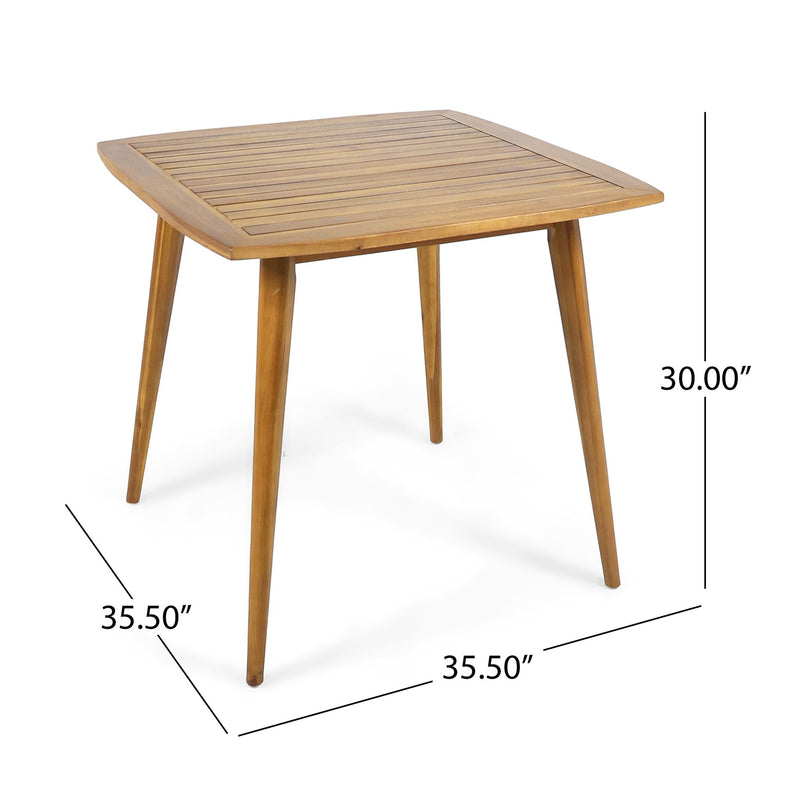 Modern indoor square dining table by Noble House with acacia wood surface and distinctive toothpick leg design.
