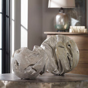 Uttermost Ermanno Teak Balls sculpture set of 2 in pearl silver with smooth, rounded wooden or resin balls for decorative display.