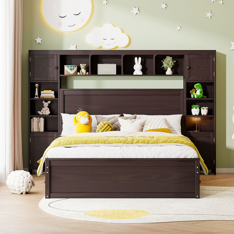 DreamHaus cabinet bed with integrated shelves, storage cabinet, and sockets, showcasing a modern, multifunctional bedroom furniture piece.