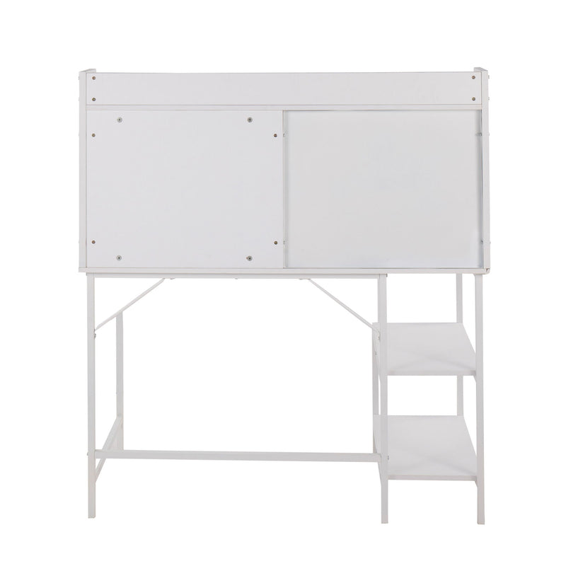 Lumi Source Geo lift top desk with contemporary design, featuring a spacious surface and stylish geometric shelf accents.