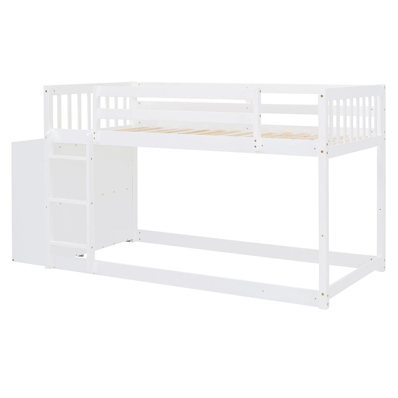 DreamHaus bunk bed with built-in four drawers and three shelves, featuring sturdy wood construction and space-saving design.