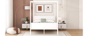 DreamHaus canopy platform bed with headboard, footboard, and slat support legs, showcasing sturdy wooden construction and elegant design.