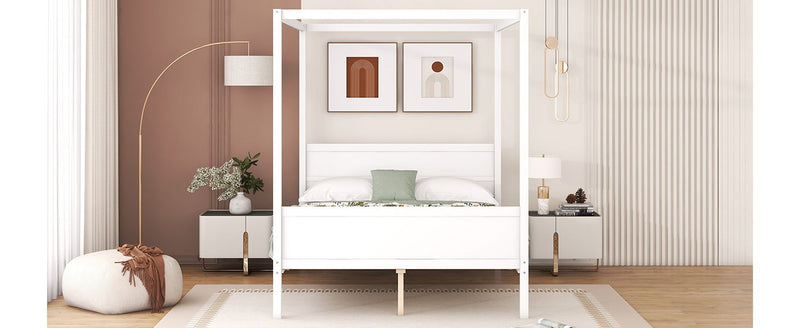 DreamHaus canopy platform bed with headboard, footboard, and slat support legs, showcasing sturdy wooden construction and elegant design.