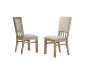 Set of two Lilola Home Brutus wide dining chairs with reclaimed wheat wood finish, featuring sturdy wooden frames and comfortable seats.